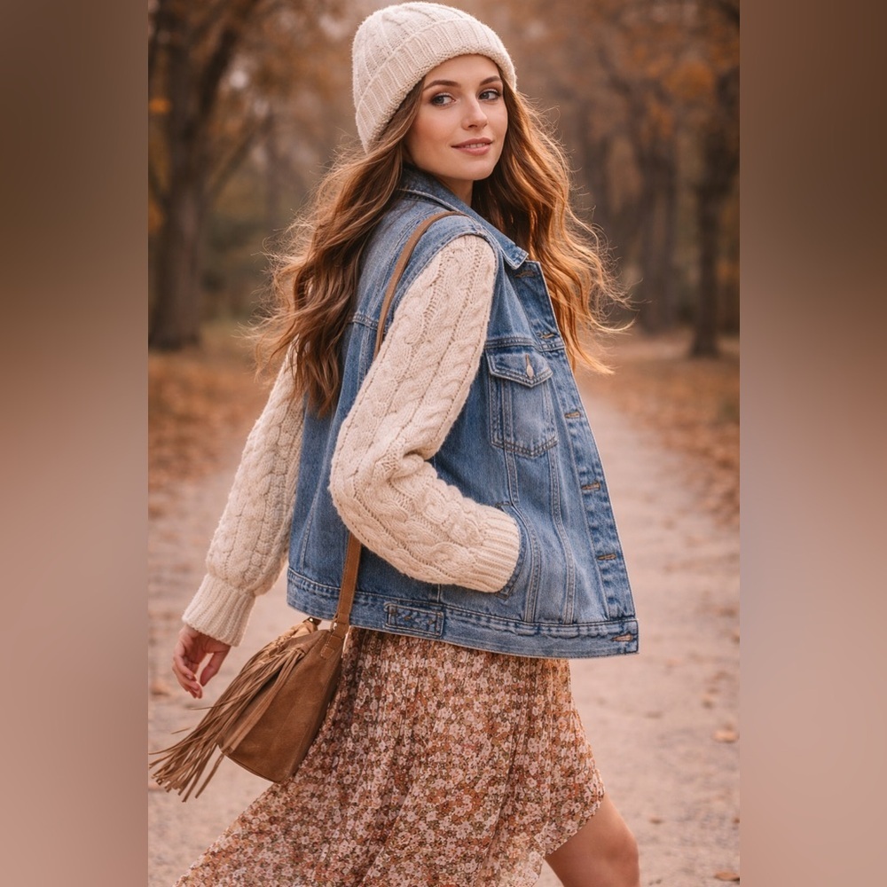 POL Boho Denim Jacket with Cable Knit Sleeves | Free People Style